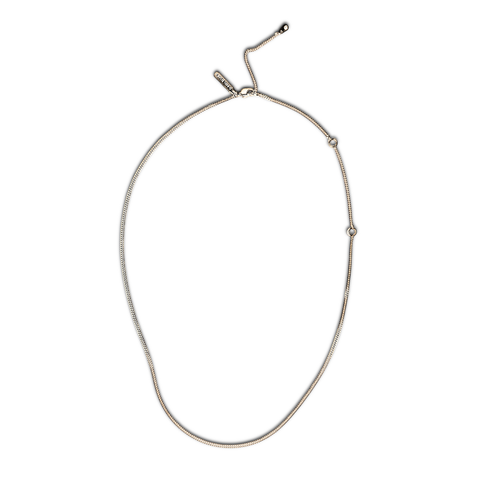 The JAREDJAMIN Jewelry Online Whisper Adjustable Chain Necklace features a slim gold chain with a simple clasp, small adjustable extension, and two round rings for attaching your favorite necklace pendant charms. Displayed oval-shaped on a white background.