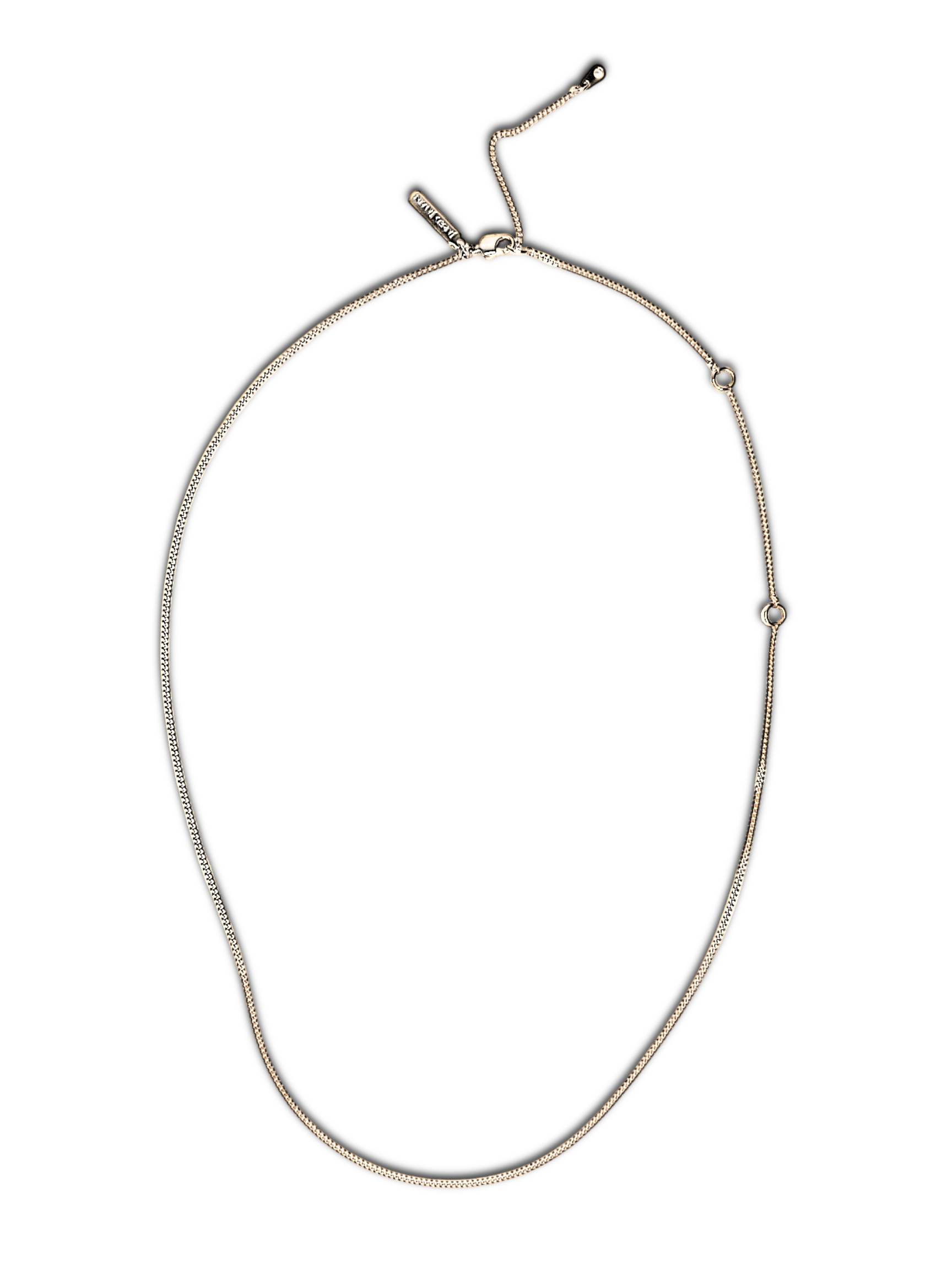 The Whisper Adjustable Chain Necklace by JAREDJAMIN Jewelry Online features a delicate gold chain with an adjustable clasp and three small loops for versatile wearing styles. Its smooth, shiny surface subtly reflects light against a white background.