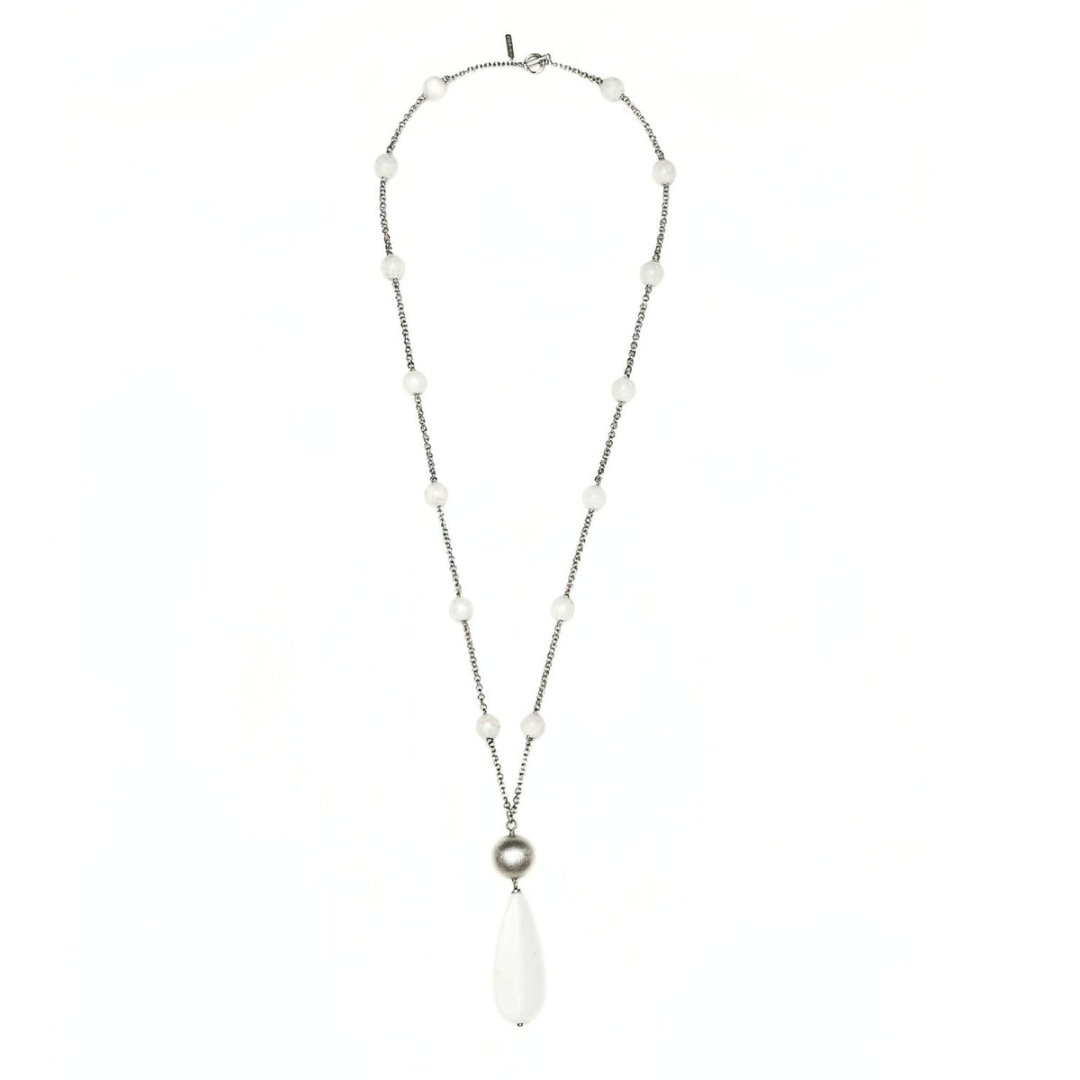 Detailed view of the Jared Jamin Bianca Necklace. Highlights the smooth 3.75-inch oversized white stone teardrop and the architectural silver-plated segmented links.