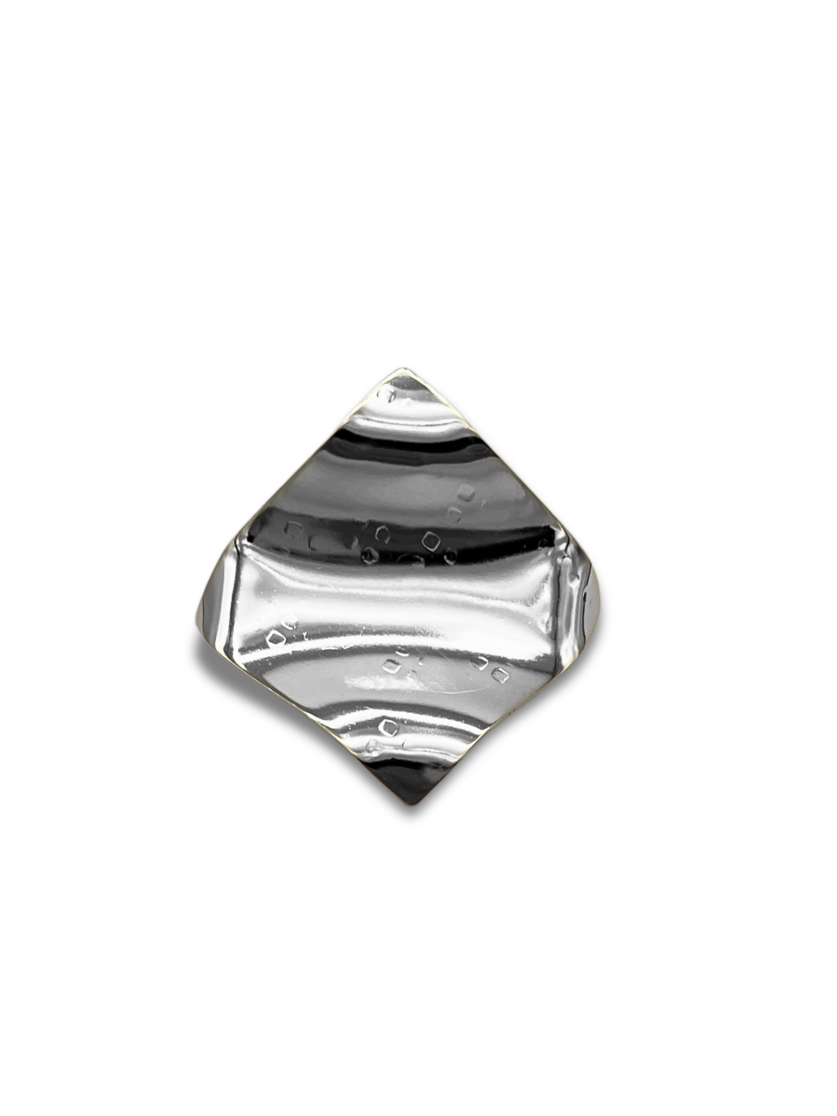 The Whitney Wave Ring by JAREDJAMIN Jewelry Online is a diamond-shaped, shiny silver adjustable ring with a smooth reflective surface. Its slight ripples and engraved text offer texture and elegance, while the plain white backdrop highlights its metallic allure reminiscent of 18K Gold craftsmanship.