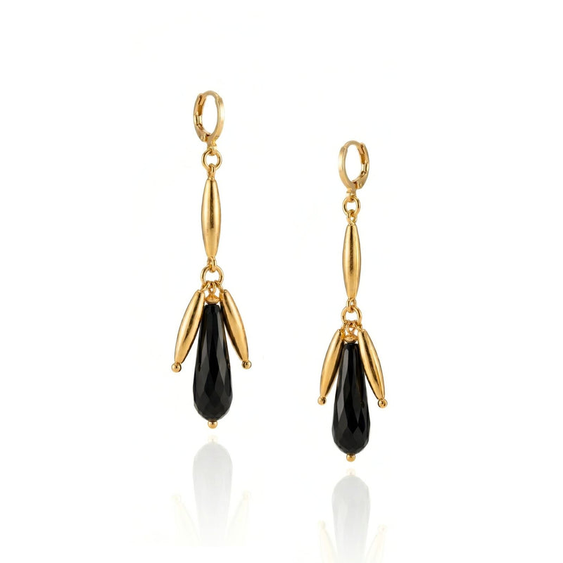 High-resolution studio product shot of the pair of 9-gram JAREDJAMIN Wisteria Dangle Leverback Earrings against a white background, highlighting the 3-inch gold bar, faceted black onyx drops, and botanical petal beads.