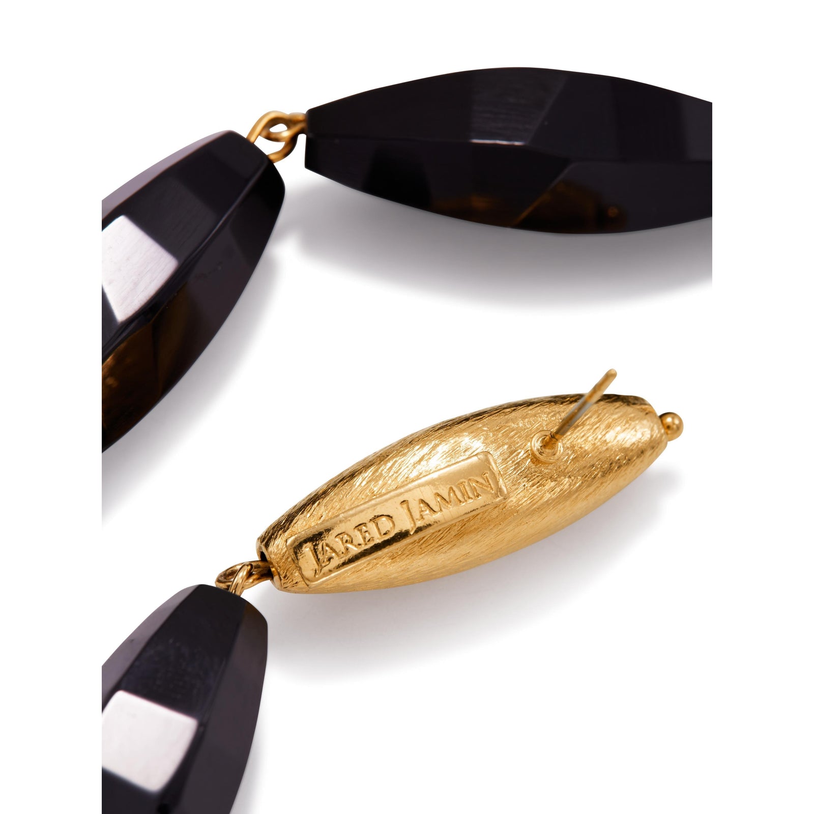 The Zeppelin Gold Isla Onyx Post Earrings by JAREDJAMIN Jewelry Online feature brushed 18K gold-plated oval studs with two faceted onyx beads hanging vertically, offering a modern, elegant look.