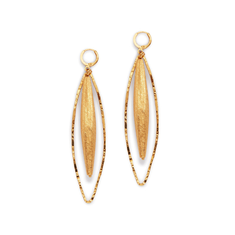 Zeppelin Hailey Gold Leverback Earrings highlight elongated drops in hammered gold oval frames with brushed, signature texture. Crafted in small batches in West Hollywood for JAREDJAMIN Essential: artisanal, sustainable luxury, low carbon footprint.