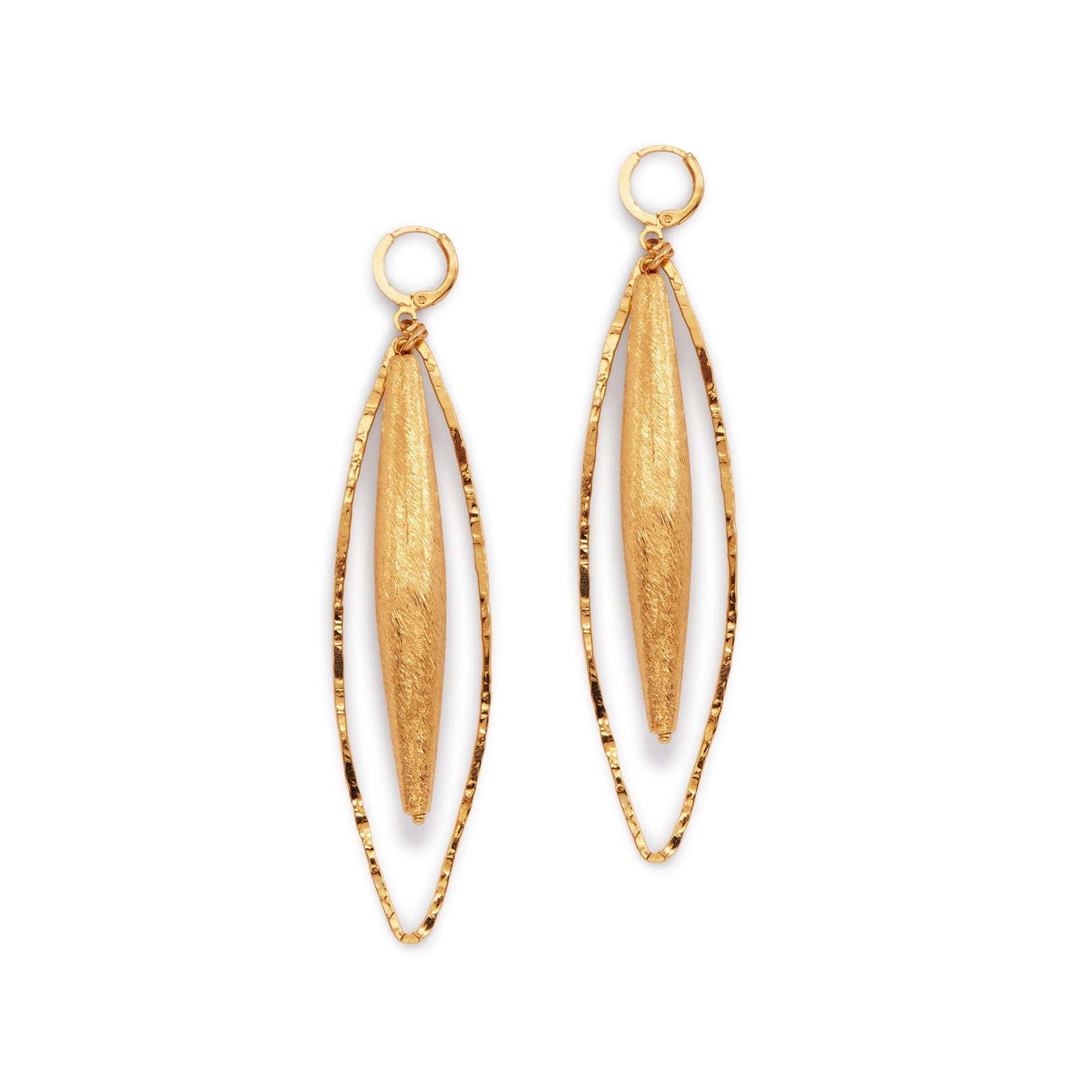 Zeppelin Hailey Gold Leverback Earrings by JAREDJAMIN Jewelry Online feature modern, elongated textured centers suspended in hammered 18K goldplated oval frames, finished with secure leverback closures for elegant style.