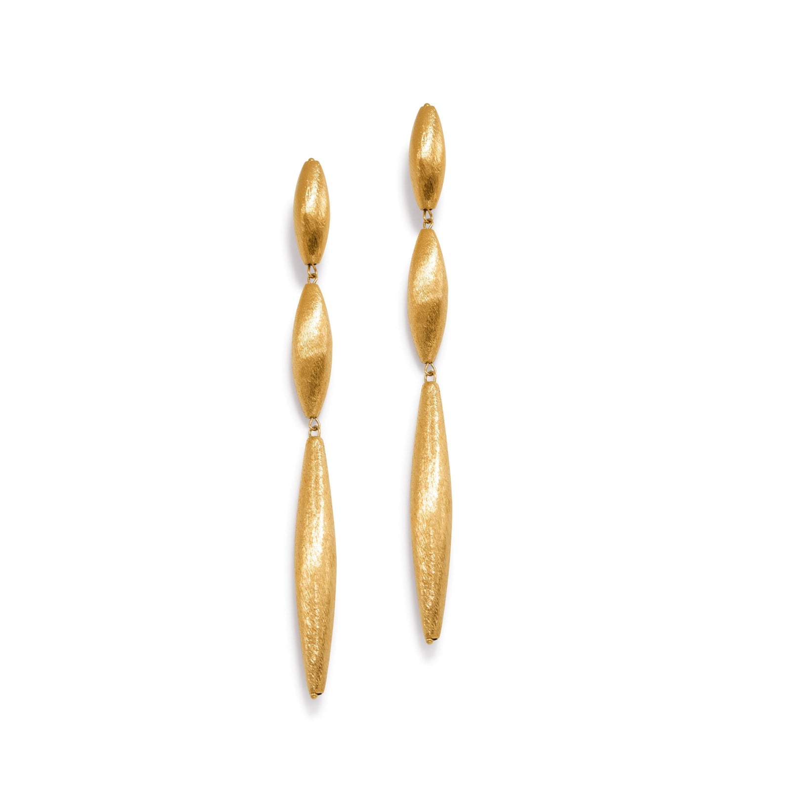 The Zeppelin Isla Three Drop Gold Earrings by JAREDJAMIN Jewelry Online feature three matte, textured, teardrop-shaped segments in a vertical design, elegantly displayed against a plain white background.