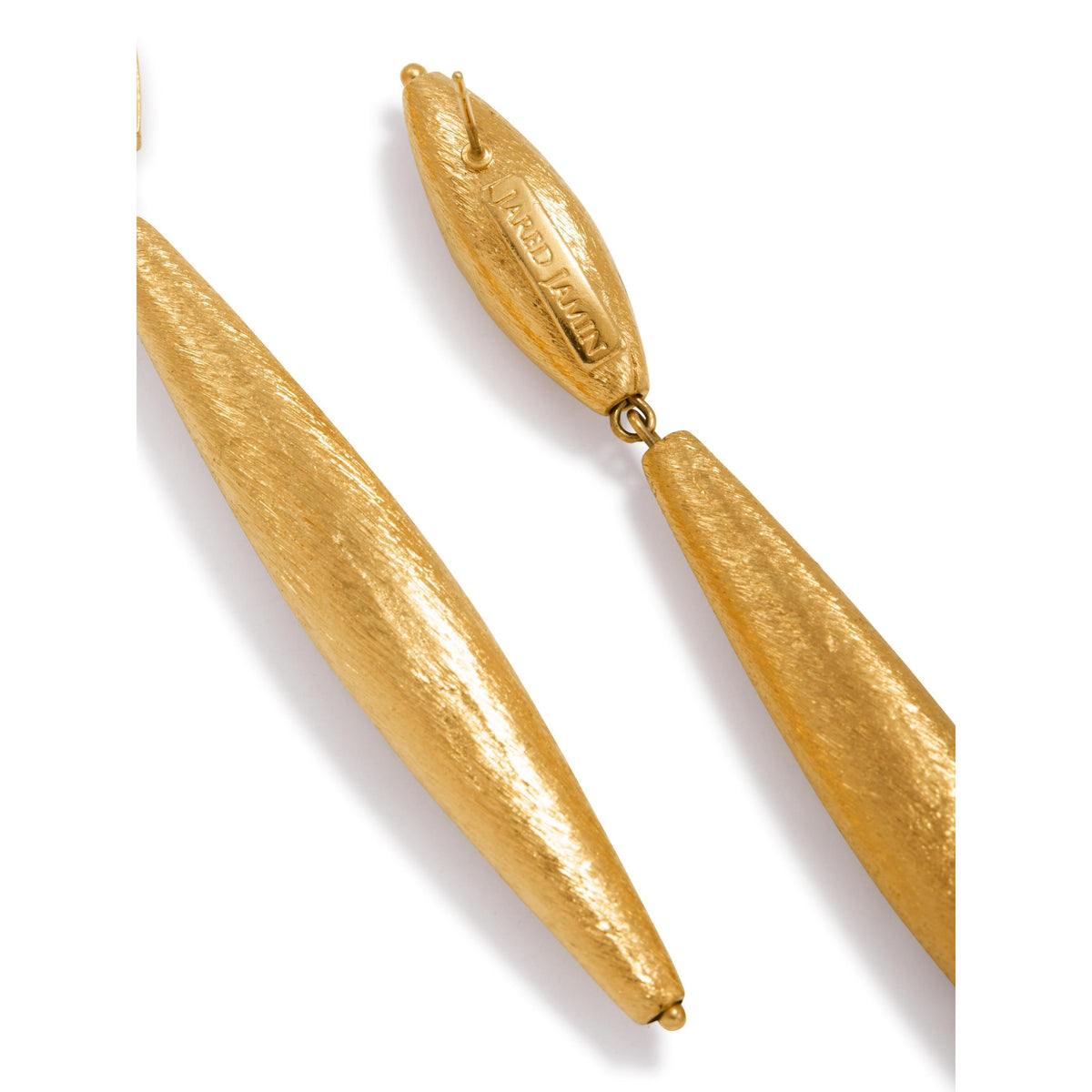 mat or Zeppelin Isla Two pendante boucles d'oreilles par JAREDJAMIN: tapered oval segments linked by a connector, “Nigeria” engraved on one clasp. JAREDJAMIN Essential—artisanal West Hollywood craftsmanship, sustainable de luxe, signature brushed texture.