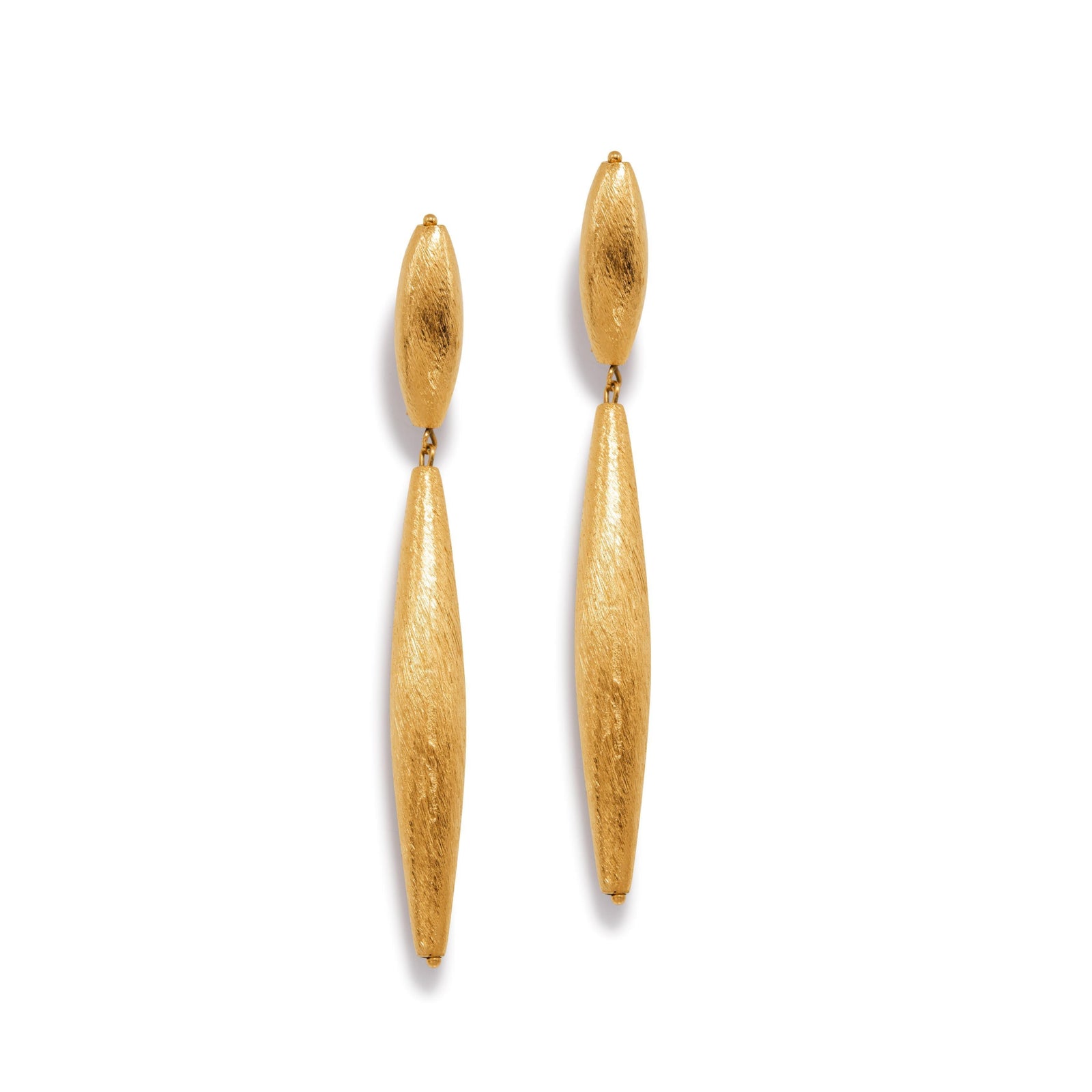 A pair of Zeppelin Isla Two Drop Gold Earrings by JAREDJAMIN Jewelry Online, featuring elongated gold drops with a brushed matte finish and rounded oval studs. The earrings are displayed against a white background.