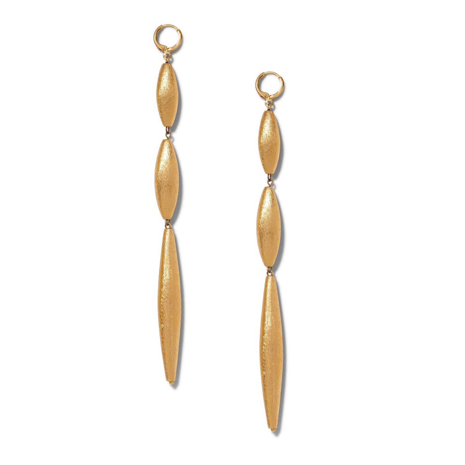 The Zeppelin Cora 3 Drop Gold Leverback Earrings by JAREDJAMIN Jewelry Online feature three matte, graduated blimp beads linked with gold connectors and finished with round hoops, all in an elegant 18K goldplated design.