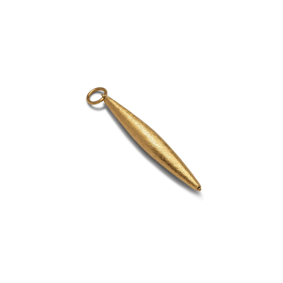 bañado en oro Zeppelin collar colgante dije de JAREDJAMIN joyería con a mate, texturizado finish, elongated shape, pointed ends, y small circular top loop displayed against a fondo blanco.