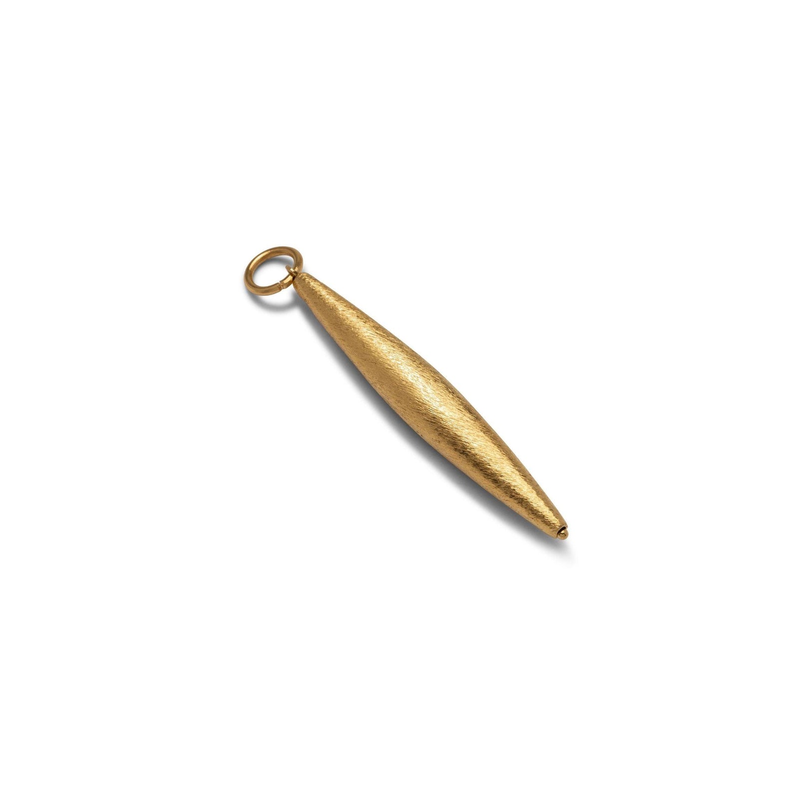 The Zeppelin Gold Necklace Pendant Charm by JAREDJAMIN Jewelry Online features an elongated, matte-textured 18K gold plated design that tapers at both ends and hangs vertically from a small, smooth loop.