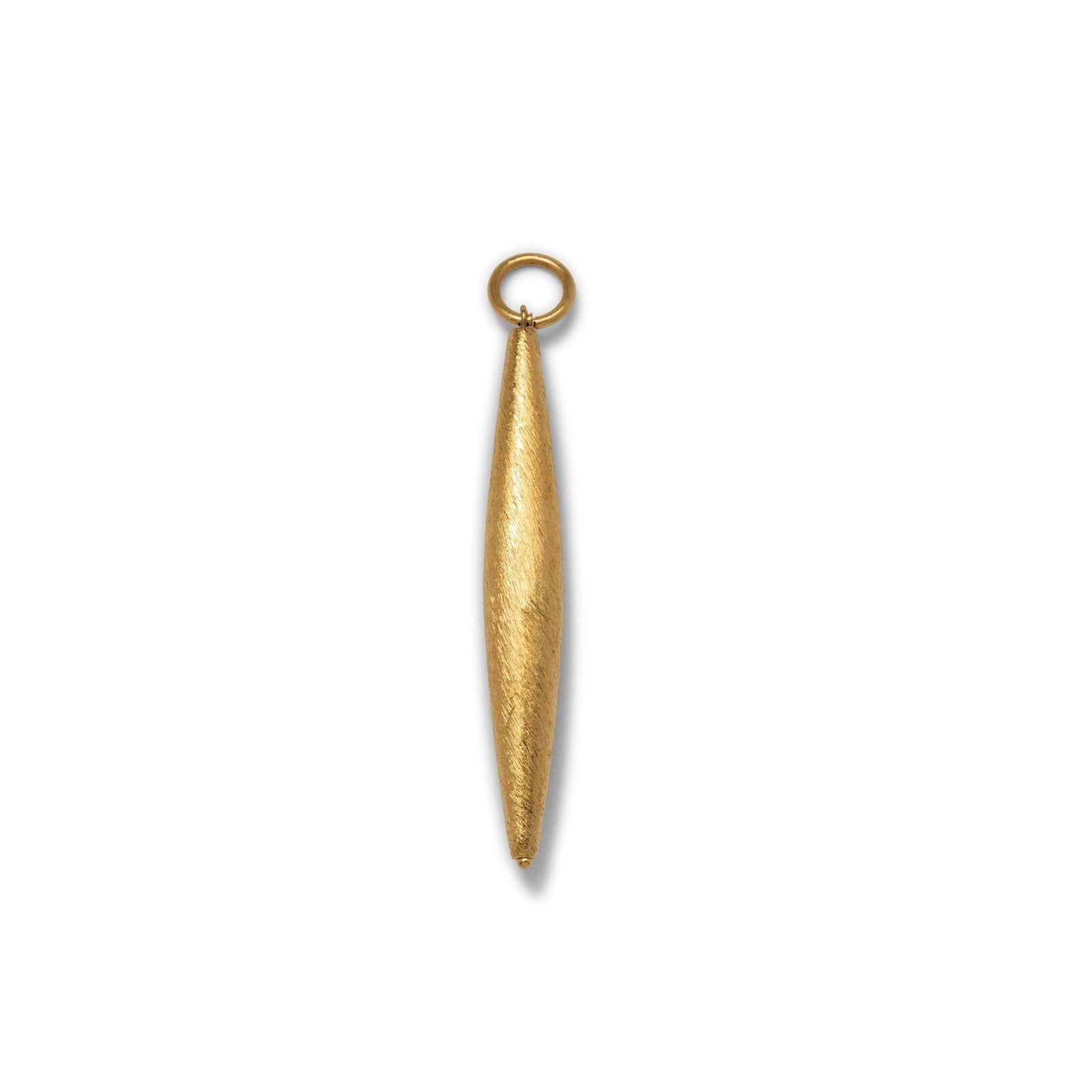 The Zeppelin Gold Necklace Pendant Charm by JAREDJAMIN Jewelry Online features an elongated, matte-textured 18K gold plated design that tapers at both ends and hangs vertically from a small, smooth loop.