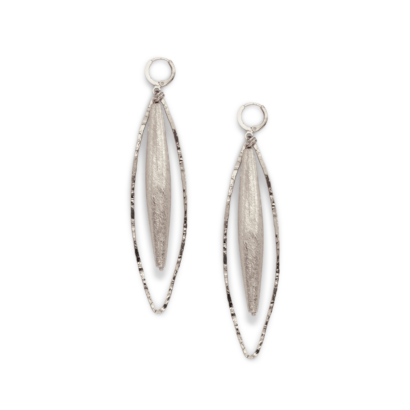 The Zeppelin Hailey White Rhodium Leverback Earrings by JAREDJAMIN Jewelry Online feature long, textured teardrop pendants framed by hammered oval loops with a matte finish, all hanging from secure leverbacks.