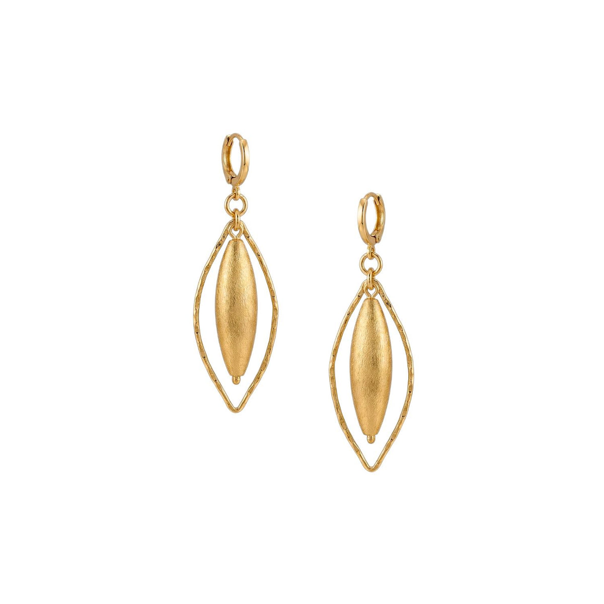Hand-assembled in our West Hollywood studio, these small-batch Zeppelin Haley Gold Leverback Earrings sculpt elongated ovals within open marquise frames. Matte 18k gold plate punctuates every angle. Style note: refines denim, elevates silk after dark.