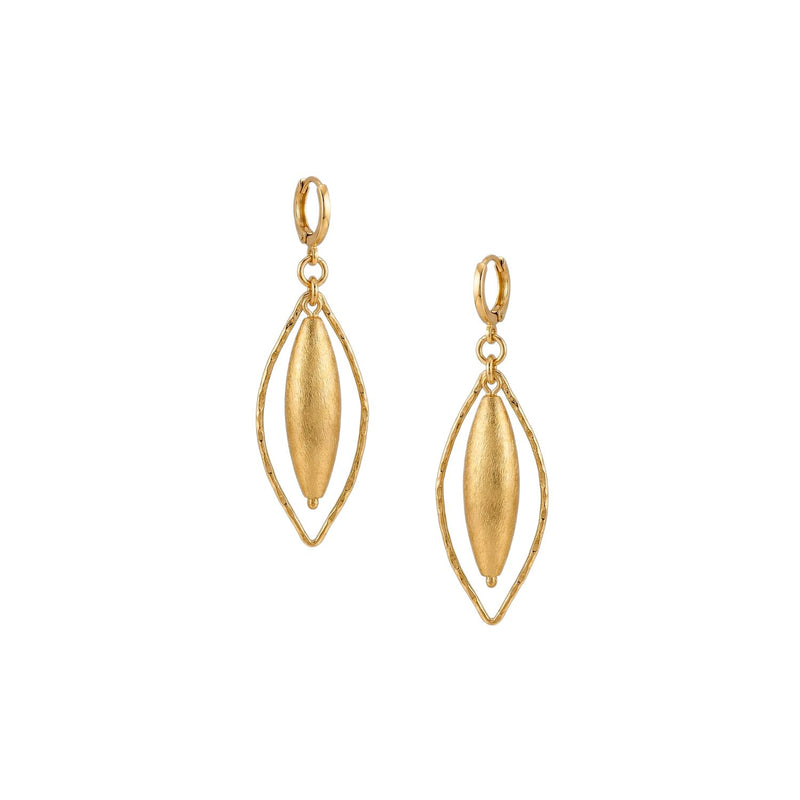 Hand-assembled in our West Hollywood studio, these small-batch Zeppelin Haley Gold Leverback Earrings sculpt elongated ovals within open marquise frames. Matte 18k gold plate punctuates every angle. Style note: refines denim, elevates silk after dark.
