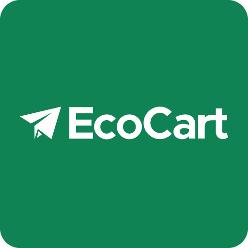 A white paper airplane icon and "EcoCart" in bold white text on a solid green background with rounded corners, representing EcoCart’s Climate Positive Order for carbon footprint offsetting.