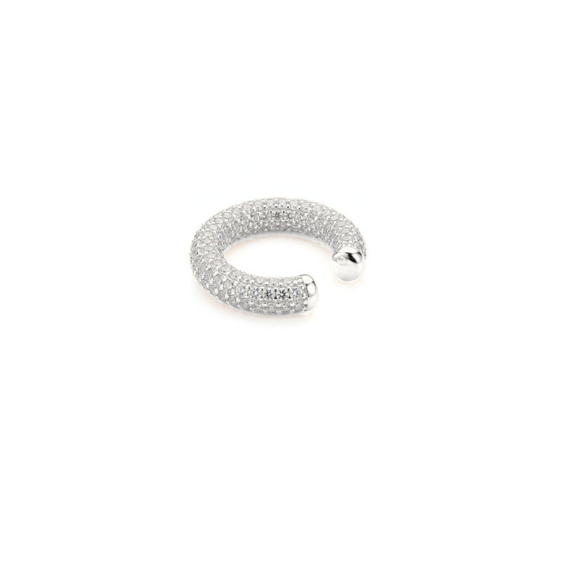 Elara CZ Silver Plated Ear Cuff, a silver ear cuff paved with cubic zirconia crystals in a curved band, on white.