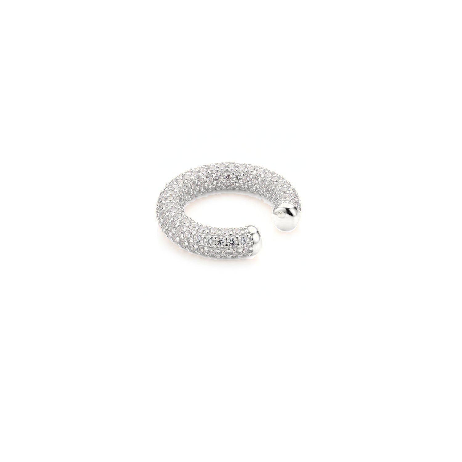 Elara CZ Silver Plated Ear Cuff, a silver ear cuff paved with cubic zirconia crystals in a curved band, on white.