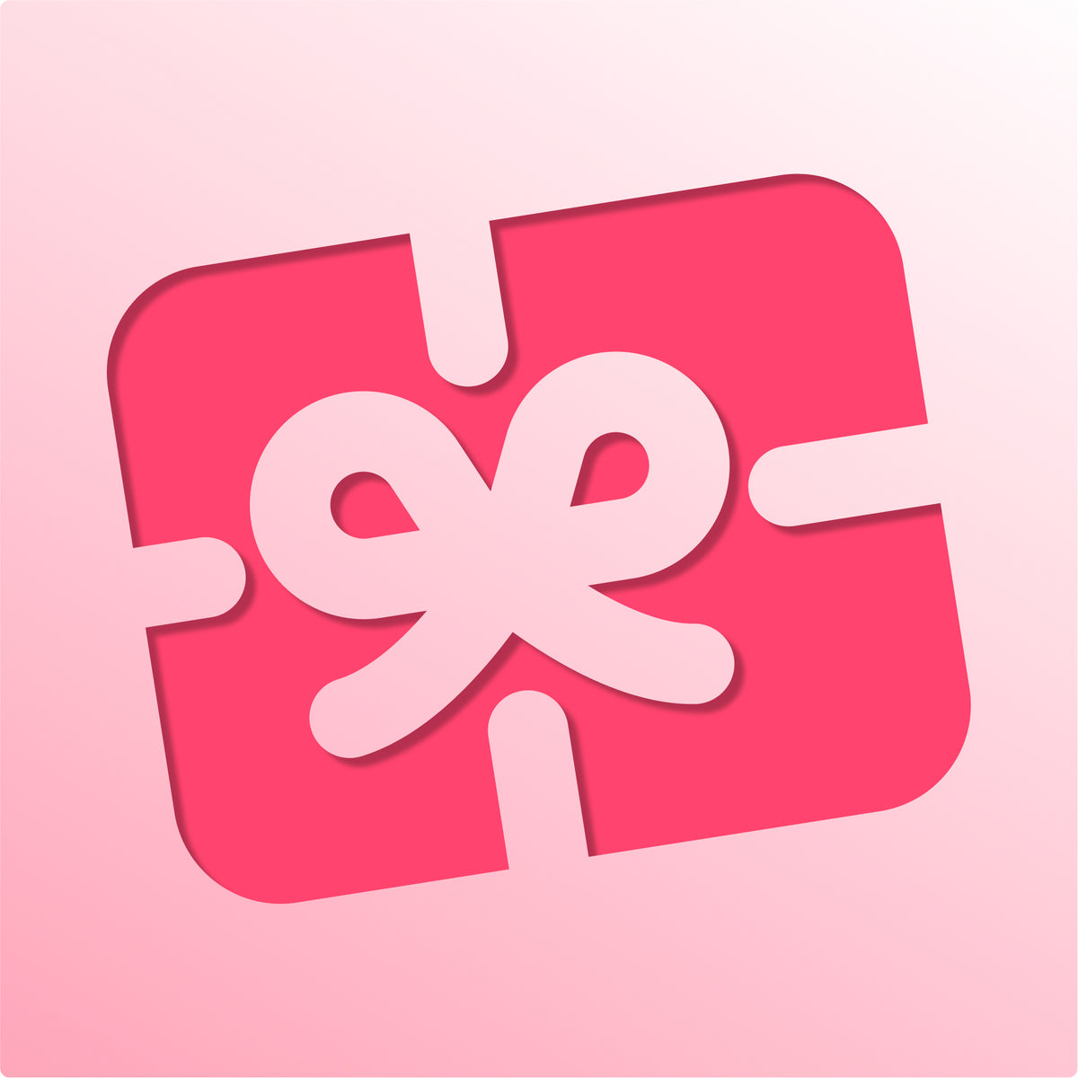 A modern pink gift card icon with rounded corners, segmented by white lines. At the center is a prominent white bow-shaped ribbon, emphasizing the ribbon detail over other design aspects. A soft pink gradient adds an elegant touch.