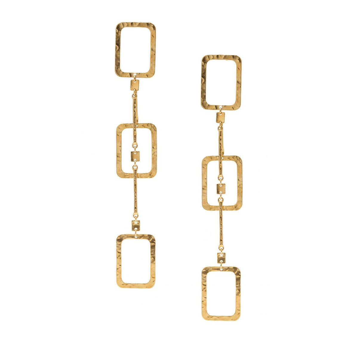 High-resolution studio product shot of the pair of JAREDJAMIN Solene Gold Hammered Link Drop Post Earrings displayed flat against a white background, showing the three open rectangular links and post backings.