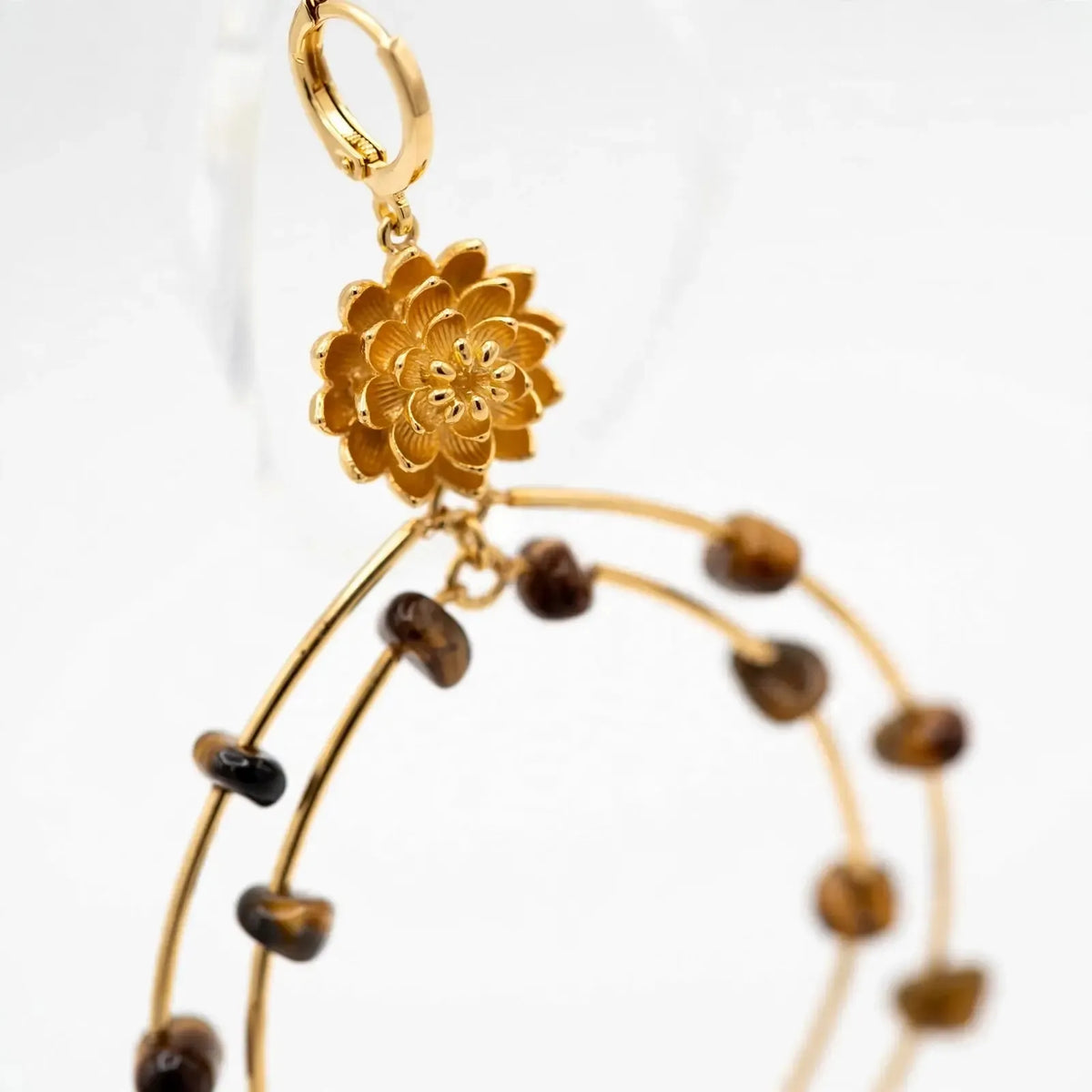 Macro close-up of the Lotus Dream Tiger's Eye Chandelier Earrings showing the sculpted gold lotus bloom, 18K Gold Plated