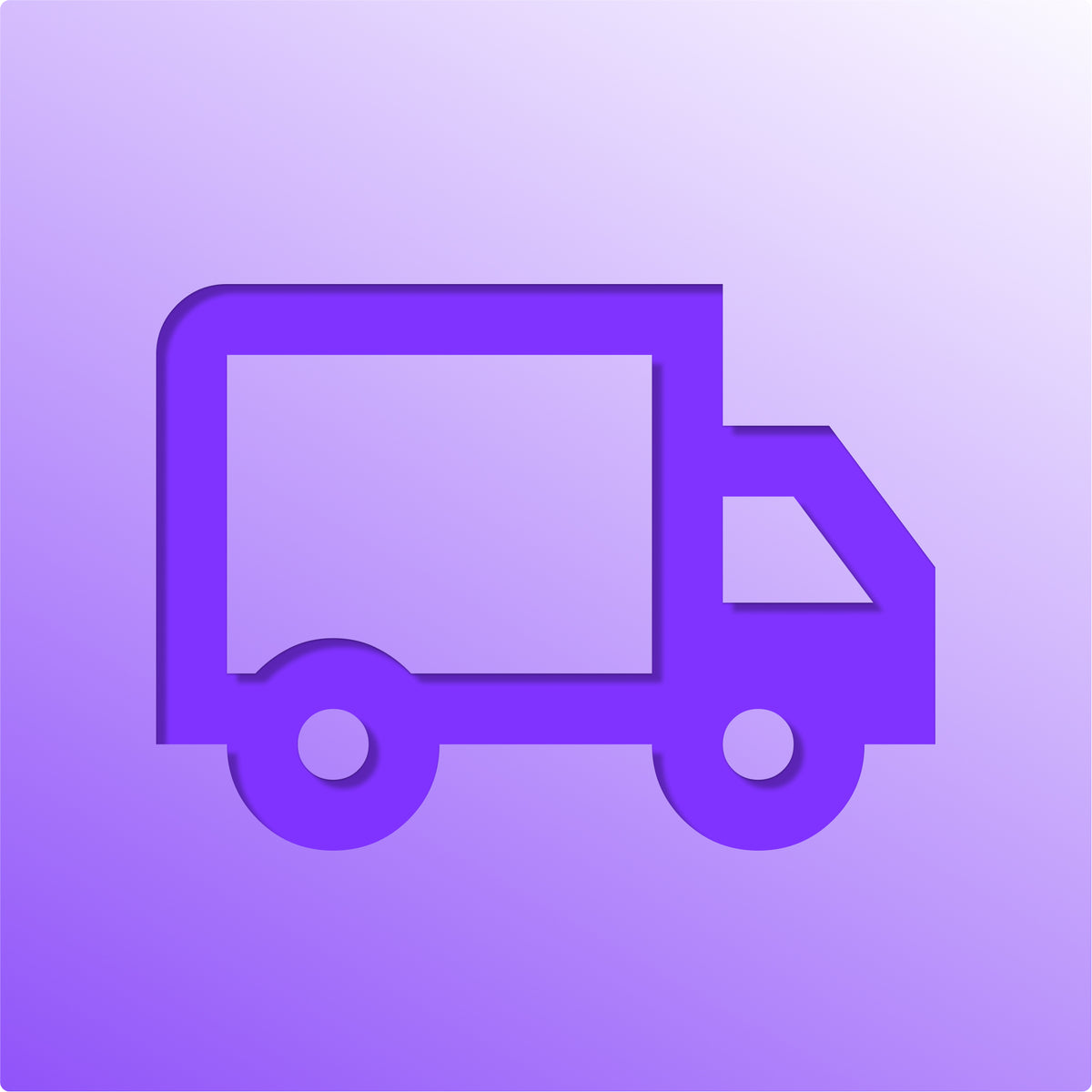 A simple, purple delivery truck icon with rounded edges on a light purple gradient background. The minimalist design subtly hints at fine jewelry, such as gold necklaces or silver rings, perfect for the chic style of a modern brand.