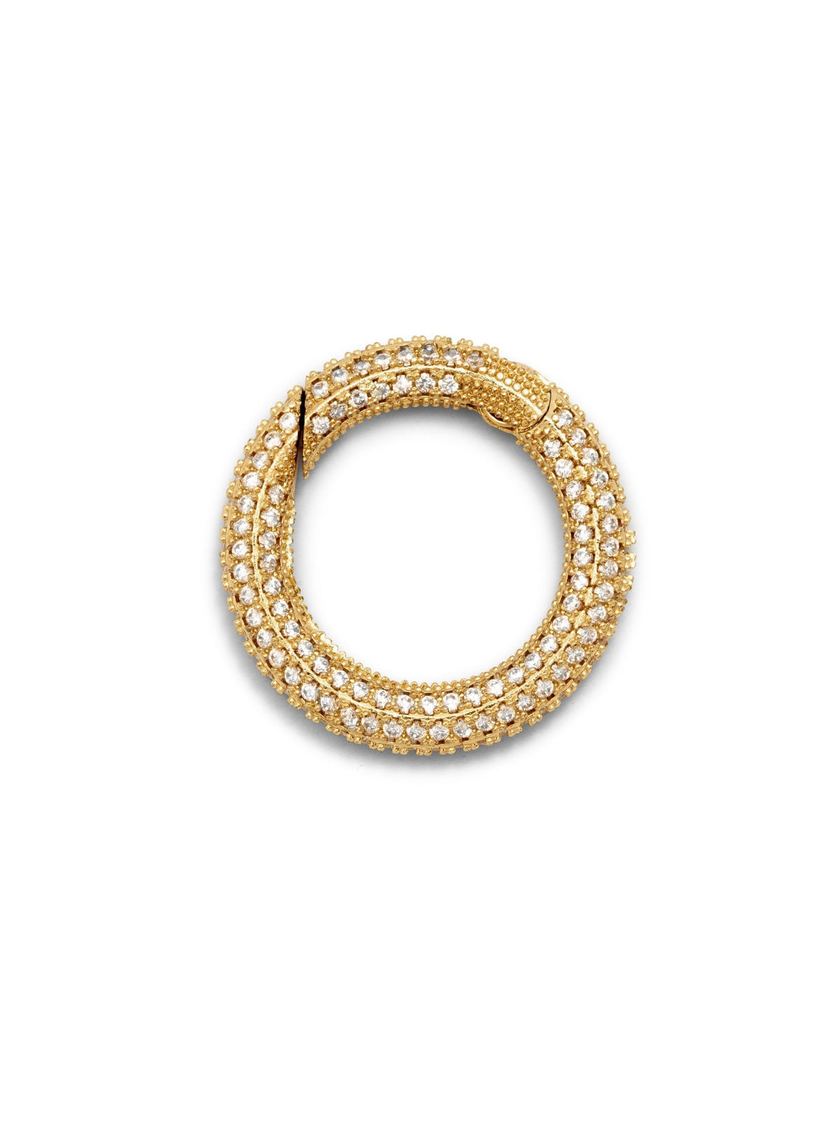 The Gold Circular Pavé Clicker Clasp by JAREDJAMIN Jewelry features an 18K gold-plated design with a coiled serpent motif and sparkling white diamonds, showcased on a simple white background.