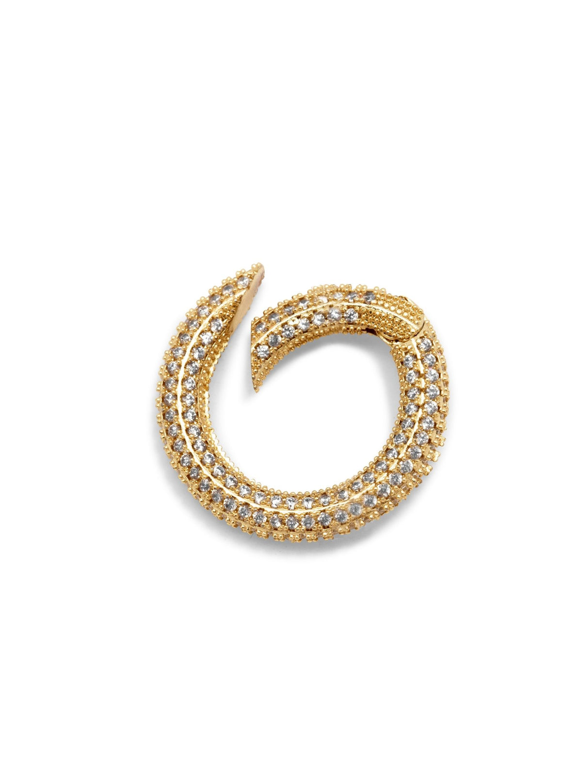 Gold Circular Pavé Clicker Clasp from JAREDJAMIN Jewelry Online showcases a textured gold circular form, highlighted by rows of brilliant cubic zirconia pavé stones, focusing on jewelry’s materials and design for a refined appearance.