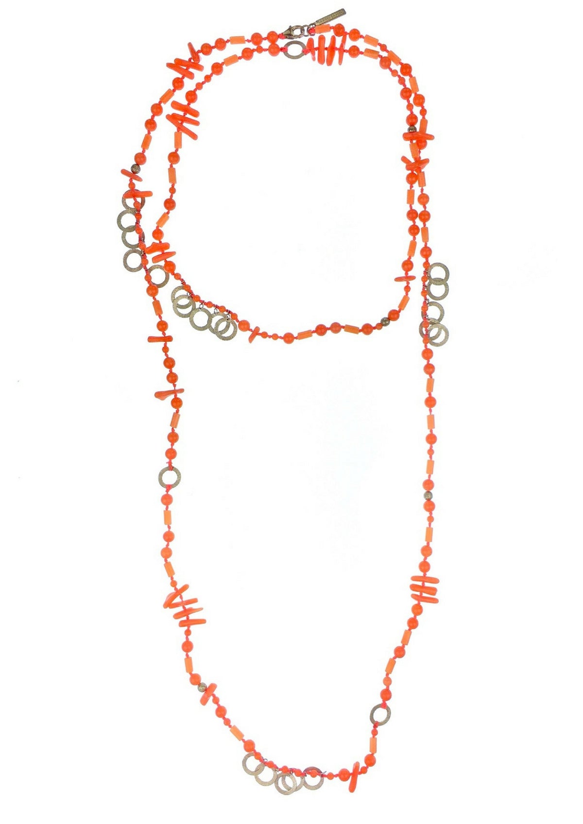 The Aural Pink Coral Necklace by JAREDJAMIN Jewelry Online features small, irregular orange bamboo coral beads with sterling silver accents and a silver clasp, shown in a loose loop on a white background.