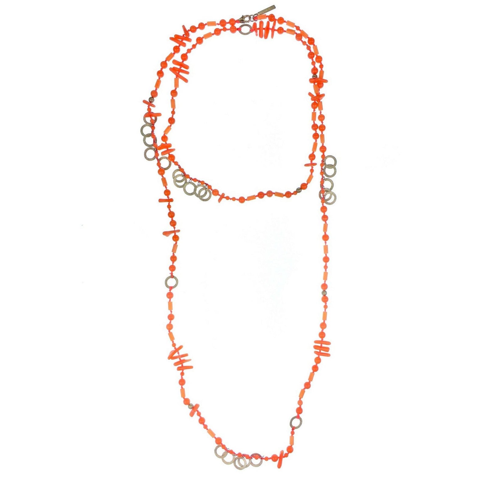 The Aural Pink Coral Necklace by JAREDJAMIN Jewelry Online features small round and stick-shaped bamboo coral beads with sterling silver accents, arranged in loops for a vibrant orange and metallic look on a white background.
