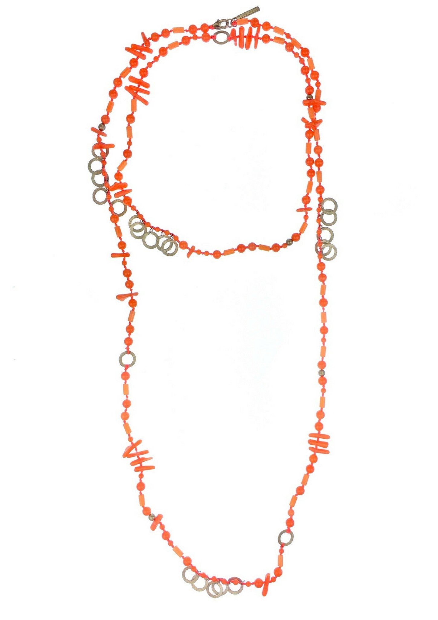The Aural Pink Coral Necklace by JAREDJAMIN Jewelry Online features small round and stick-shaped bamboo coral beads with sterling silver accents, arranged in loops for a vibrant orange and metallic look on a white background.