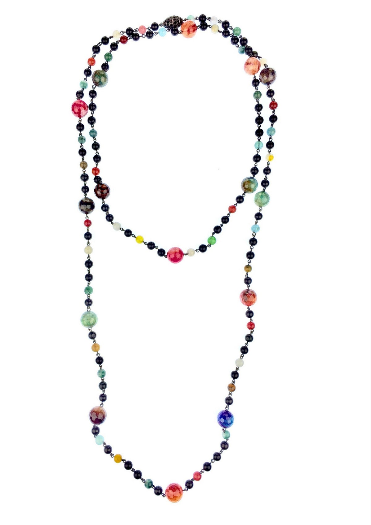 High-resolution studio product shot of the 70-inch Caelum gemstone rope arranged in a layered double-strand loop, displaying the secure lobster clasp hardware and the rhythmic spacing of the faceted jasper and smooth onyx beads.
