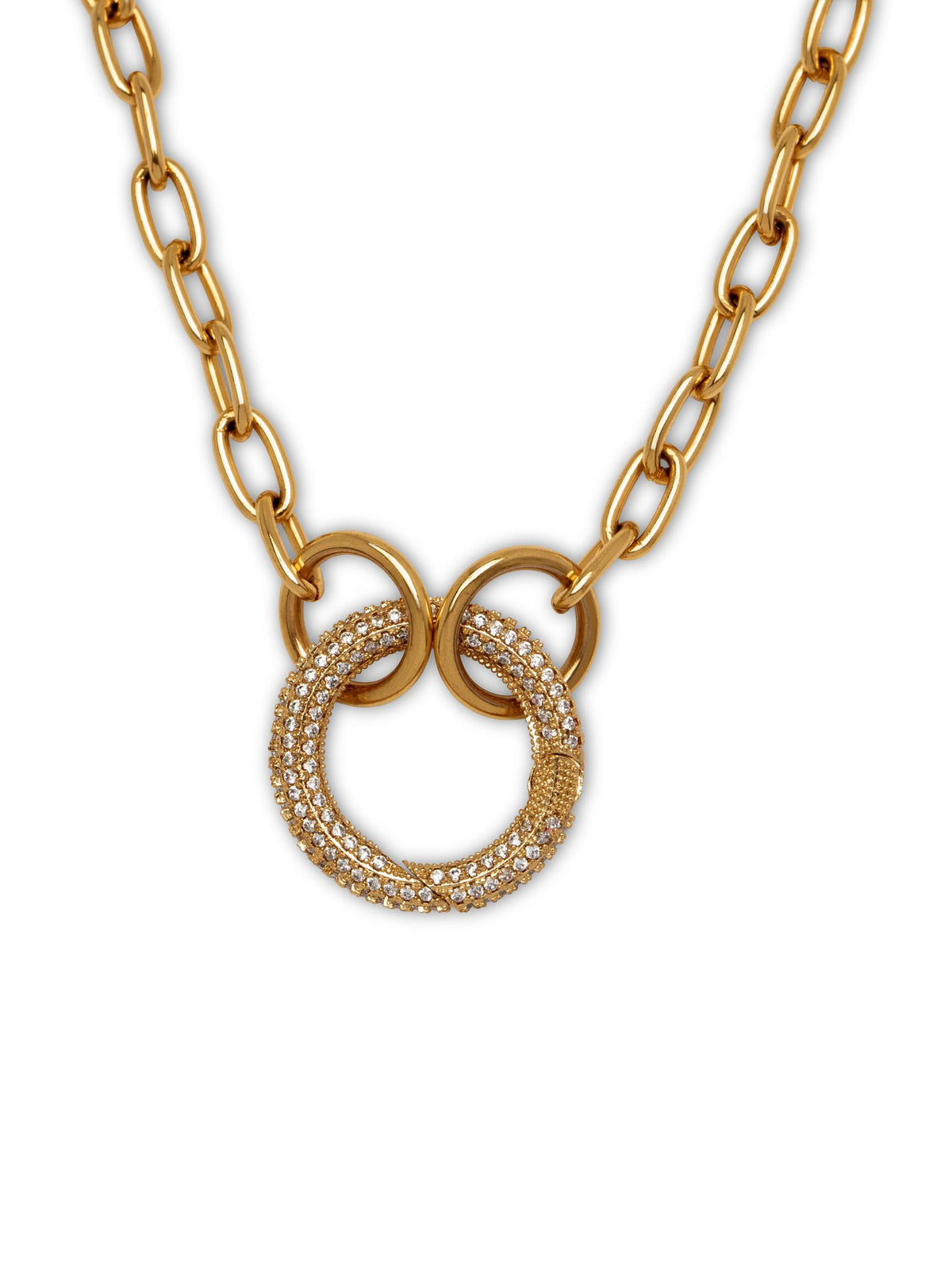 Gold chain necklace featuring three interlocking circular rings, the largest set with cubic zirconia pavé; polished oval links and an 18K gold plated clasp. JAREDJAMIN Jewelry Online design.