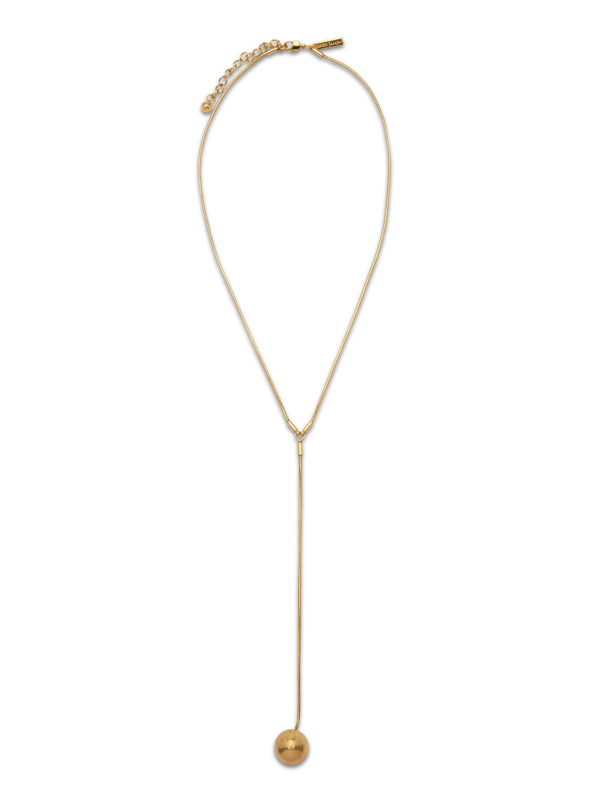 JAREDJAMIN Sphere Drop Lariat: A high-polish 18k gold sphere on a fixed Y-style lariat chain with a 2-inch extension.