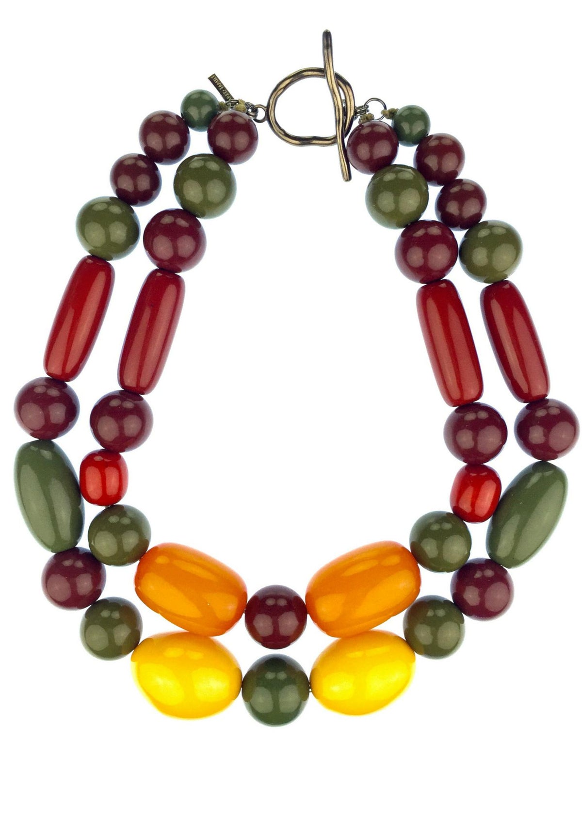 Los Tallulah llamativo Collar is a chunky, two-strand collar de JAREDJAMIN Joyería Online, con yellow y orange oval beads con red, dark green, y maroon accents. Brushed finishes. Artisanal, sustainable de lujo from West Hollywood.
