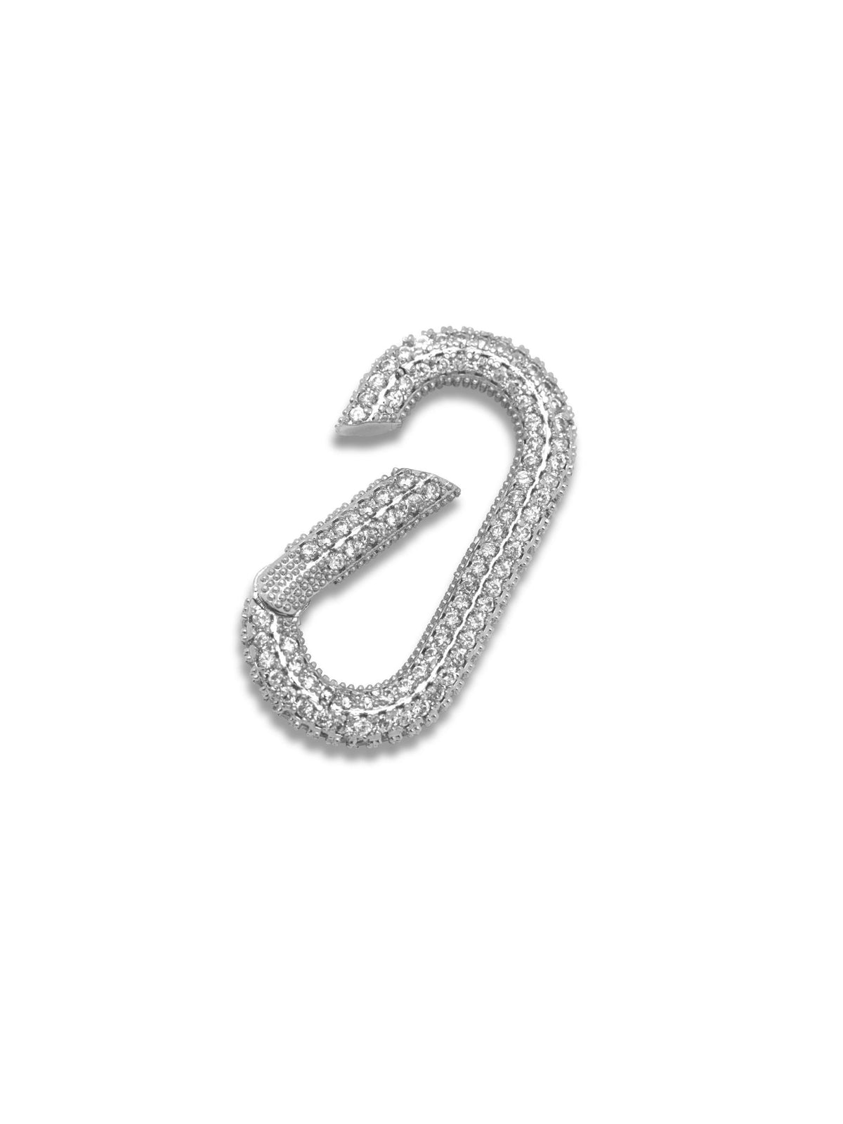 Silver-plated oval pavé clicker clasp by JAREDJAMIN Jewelry, adorned with sparkling cubic zirconia on a textured carabiner design. Used as a pendant chain necklace closure. Shown on a white background.