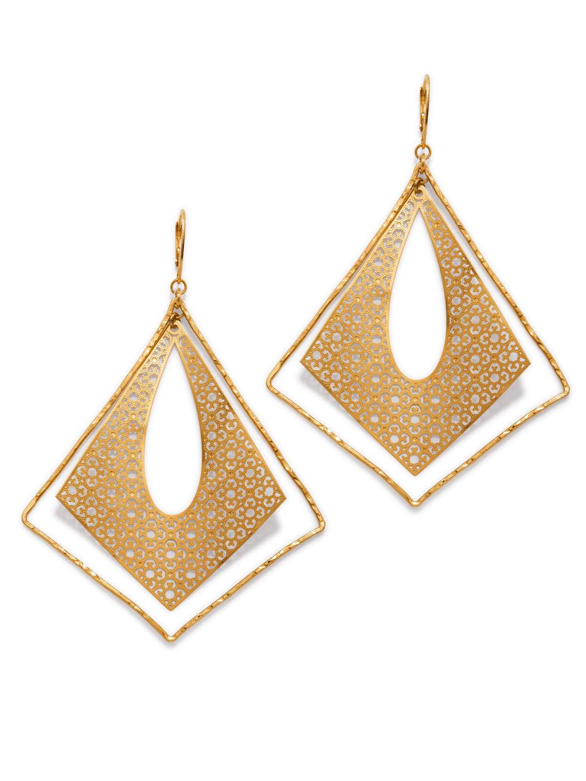 or Leverback boucles d'oreilles par JAREDJAMIN Bijoux en Ligne are crafted from 18K or plating, showcasing large geometric shapes avec diamant motifs, circular cut-outs, et teardrop openings pour un modern, élégant style.